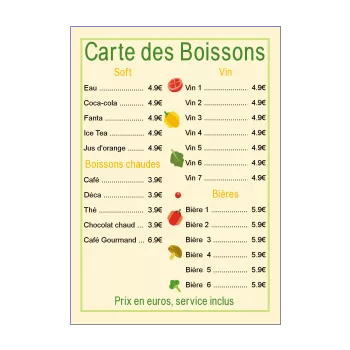carte restaurant biere legume jaune vin alcool 