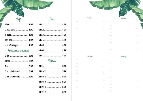 Verso Carte Restaurant Biere Feuille Vert à imprimer