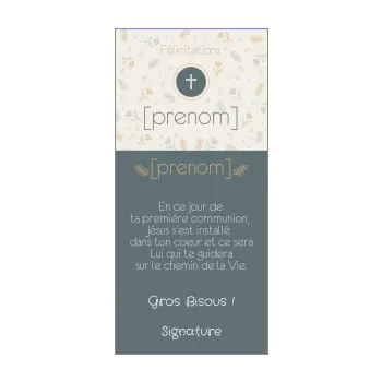 carte felicitation communion bleu croix fleur marron 