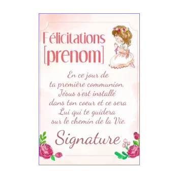 carte felicitation communion fille fleur rose 