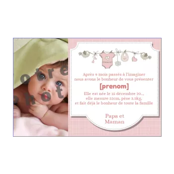 faire part naissance oiseau bebe fille rose vetement 
