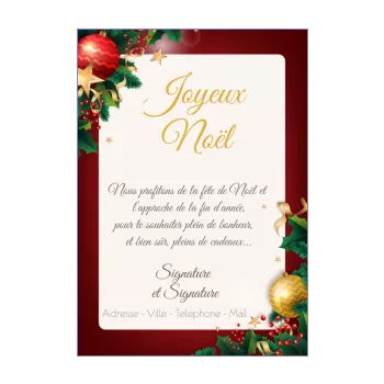carte joyeux voeux noel doree boule rouge sapin 