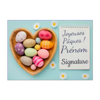 carte voeux fete paques coeur bleu bois oeuf panier 