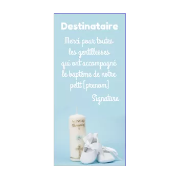 carte remerciement bapteme bleu bougie chaussure garcon merci 