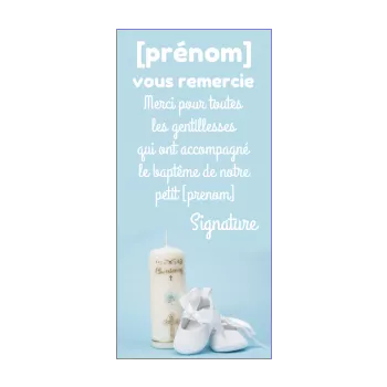 carte remerciement bapteme bleu bougie chaussure garcon merci 
