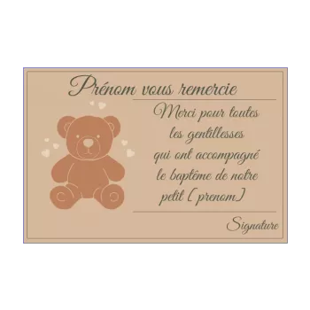 carte remerciement bapteme jouet marron merci ours peluche 