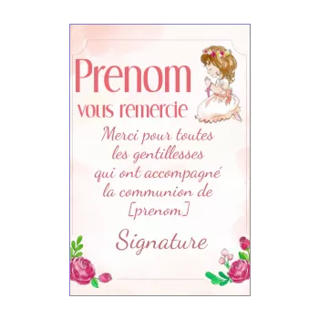 carte remerciement communion fille fleur merci rose 