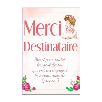 carte remerciement communion fille fleur merci rose 