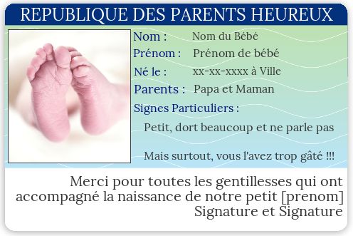 Carte Remerciement Naissance Carte Identite gratuit à imprimer
