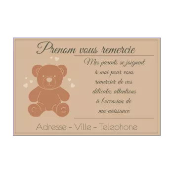 carte remerciement naissance jouet bebe marron merci ours peluche 