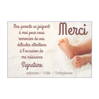 carte remerciement naissance bebe blanc merci pied 