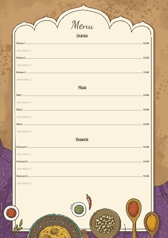Carte Menu Restaurant Indien Marron à imprimer