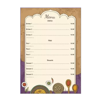 carte menu restaurant indien marron mauve 
