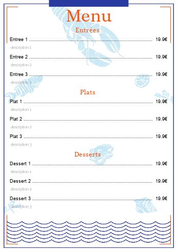 Carte Menu Restaurant Bleu Orange à imprimer