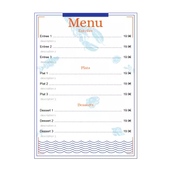carte menu restaurant bleu orange poisson vague 