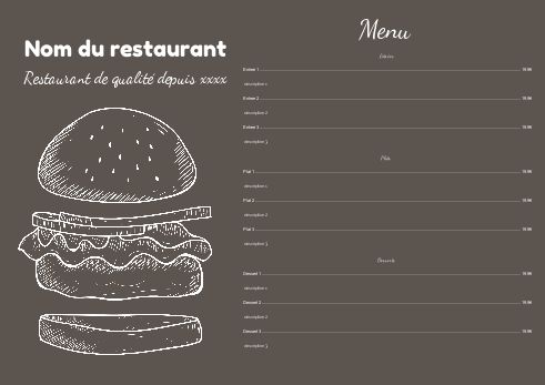 Carte Menu Restaurant Hamburger Gris à imprimer