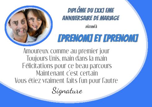 Diplome Anniversaire Mariage avec photo à imprimer