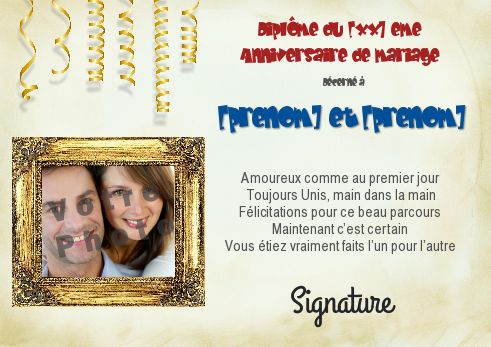 Diplome Anniversaire Mariage avec photo à imprimer