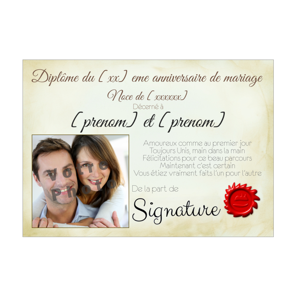 Diplome Anniversaire Mariage Noce Jaune Marron Avec Photo A Imprimer Carte 405