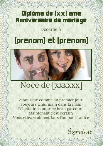 Diplome Anniversaire Mariage avec photo à imprimer