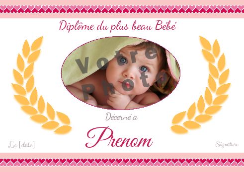 Diplome Naissance Coeur Bebe Fille avec photo à imprimer
