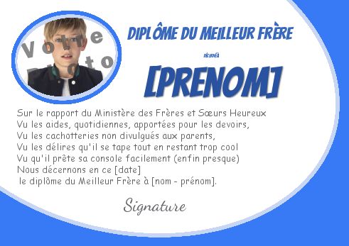Diplome Meilleur Frere Bleu Garcon avec photo à imprimer