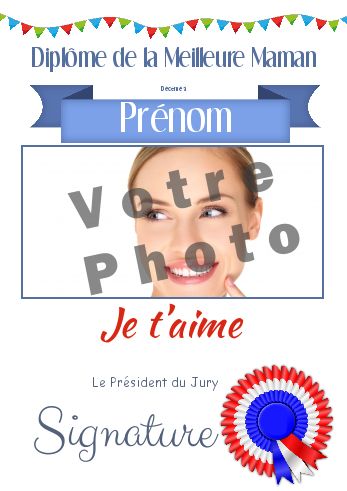 Diplome Meilleur Maman Bleu Rouge avec photo à imprimer