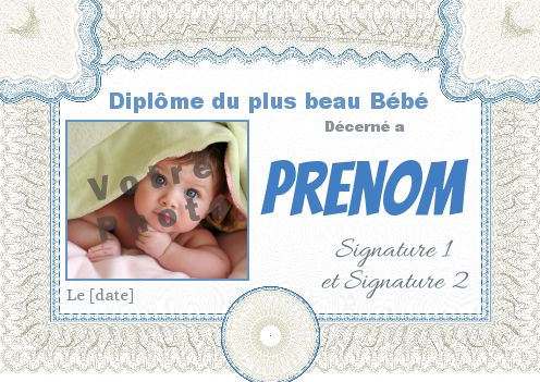 Diplome Naissance Bebe Bleu Garcon avec photo à imprimer