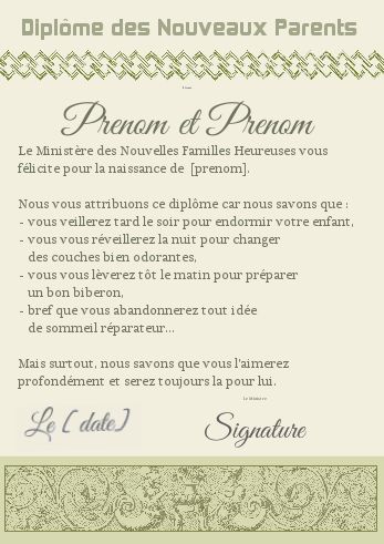 Diplome Naissance Bebe Vert à imprimer