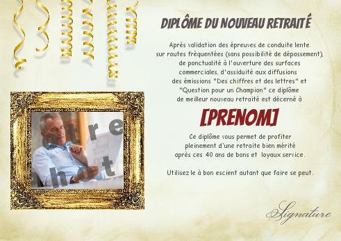 Diplome Retraite Humour Jaune avec photo à imprimer