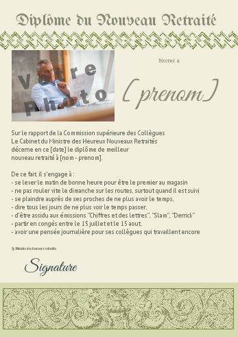 Diplome Retraite Humour Vert avec photo à imprimer