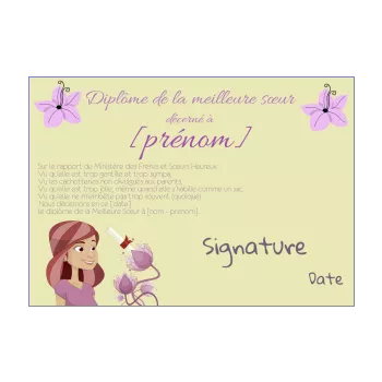 diplome meilleur meilleure soeur dessin femme fleur mauve 