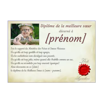 diplome meilleure soeur jaune rouge 