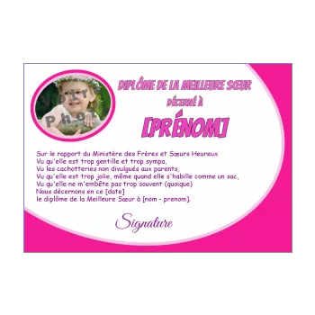 diplome meilleur meilleure soeur fille mauve rose 