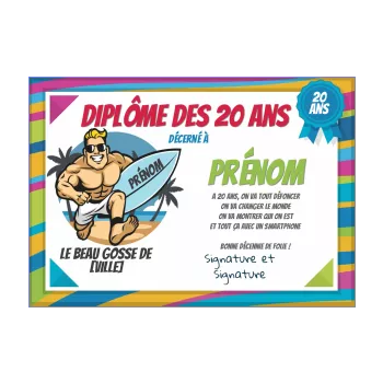carte diplome anniversaire 20 ans humour dessin sport surf 