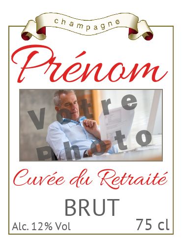 Etiquette Bouteille Retraite Champagne Blanc avec photo à imprimer