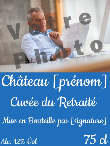 Etiquette Bouteille Retraite Bleu Homme avec photo à imprimer