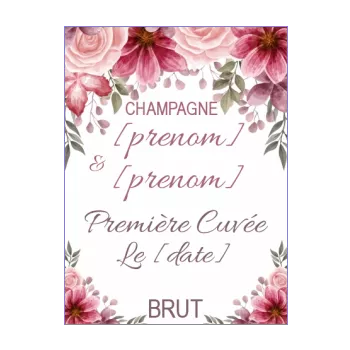 etiquette bouteille mariage champagne fleur mauve rose 