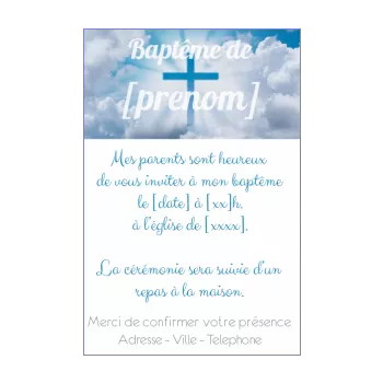 faire part bapteme bleu ciel croix nuage 