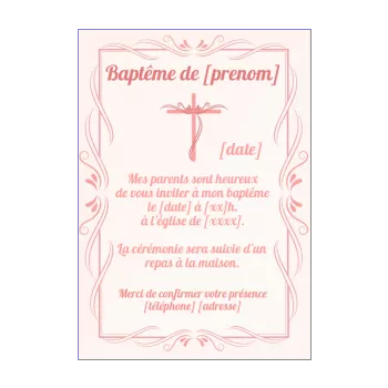 faire part bapteme croix fille rose 