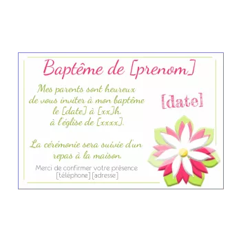 faire part bapteme blanc fleur rose vert 