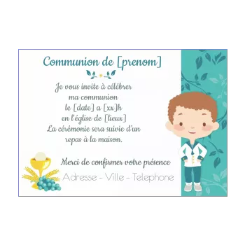 faire part communion bleu dessin fleur garcon 