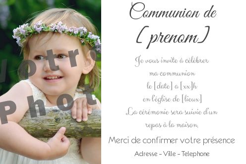 Faire Part Communion Blanc Elegant avec photo à imprimer