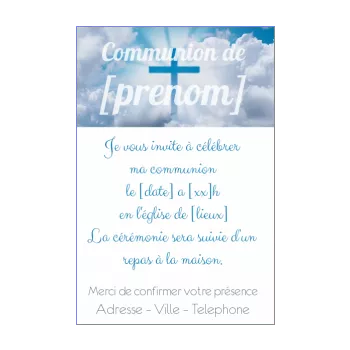 faire part communion bleu ciel croix fille garcon nuage 
