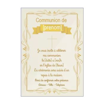 faire part communion doree croix ruban 