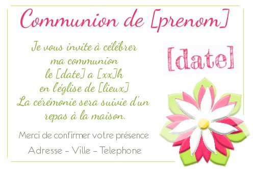 Faire Part Communion Blanc Fleur gratuit à imprimer