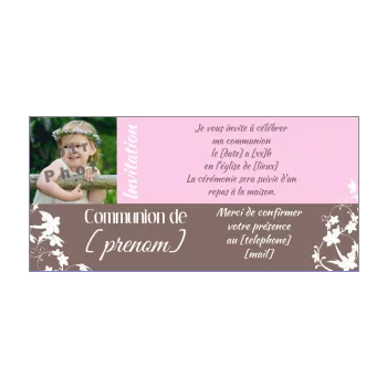 faire part communion fille fleur marron rose 
