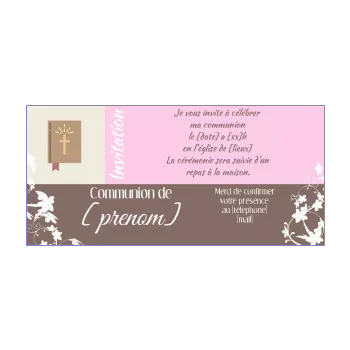faire part communion croix fille marron rose 