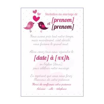 faire part invitation mariage coeur oiseau mauve rose 