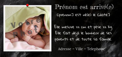 Faire Part Naissance Ardoise Bebe avec photo à imprimer